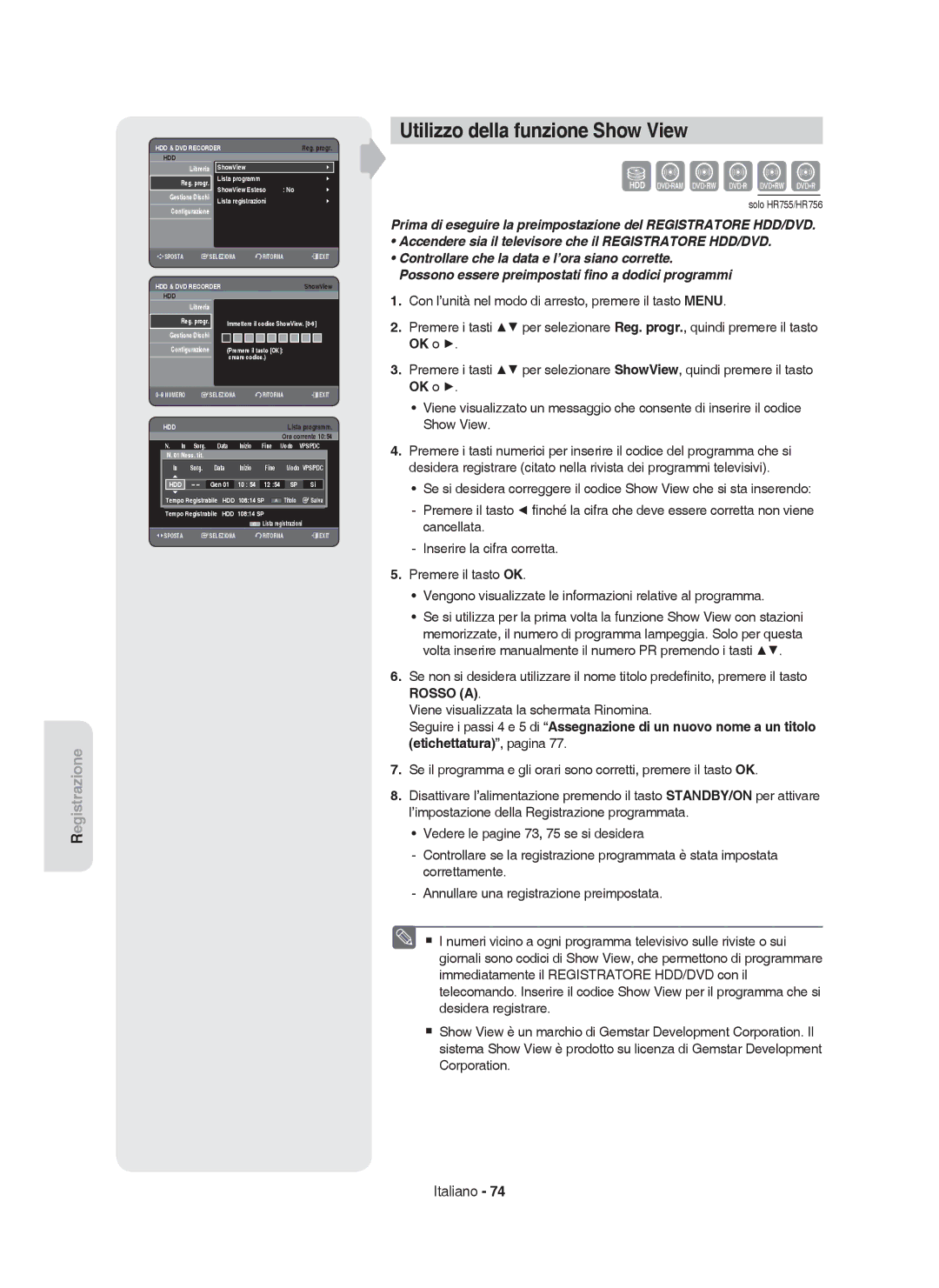 Samsung DVD-HR753/XET, DVD-HR755/XEB, DVD-HR755/XEF manual Utilizzo della funzione Show View, Lista programm Reg. progr, Data 