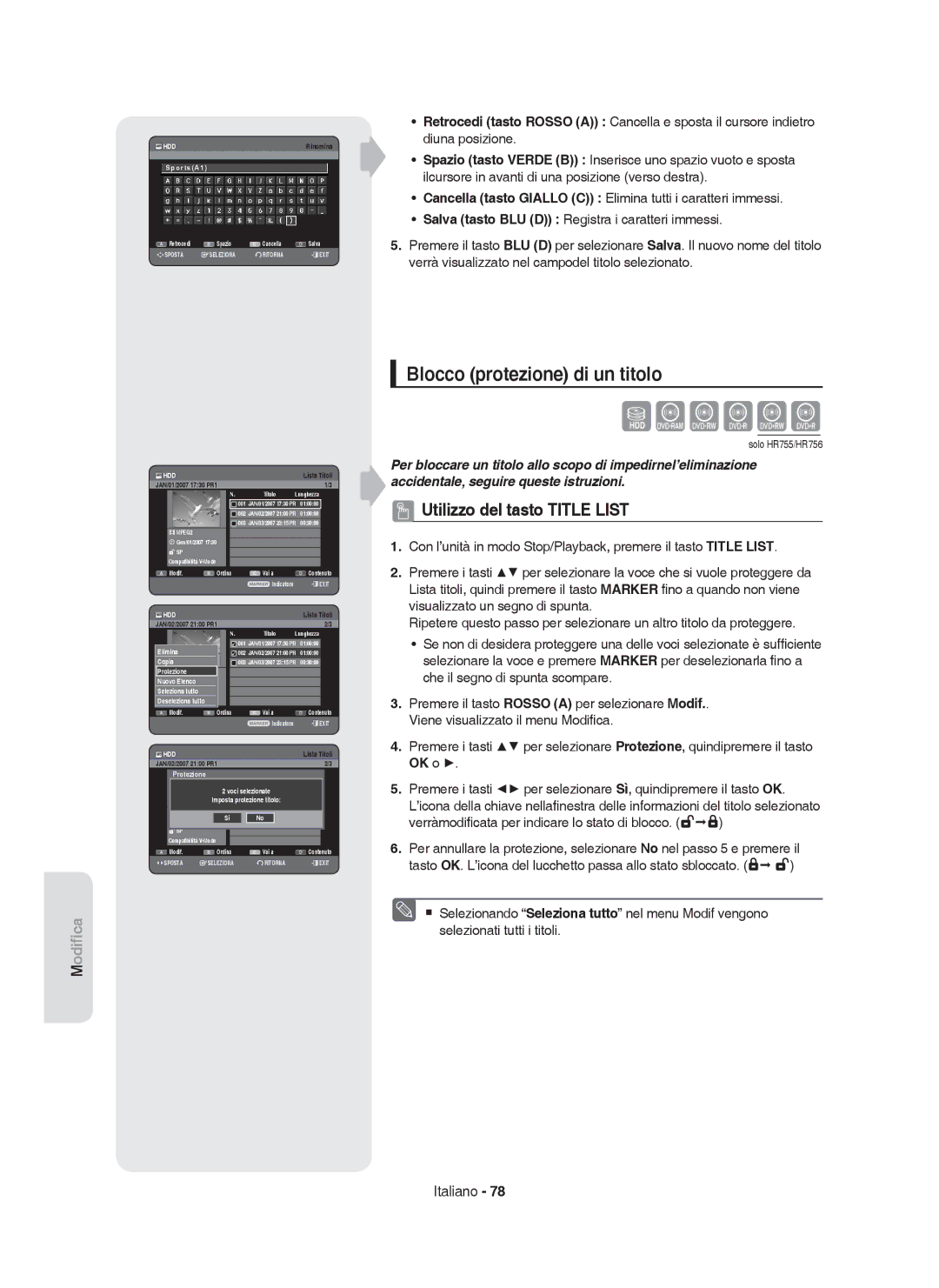 Samsung DVD-HR753/XET, DVD-HR755/XEB Blocco protezione di un titolo, SportsA1, Protezione 3 MPEG2, Seleziona1 SP tutto 