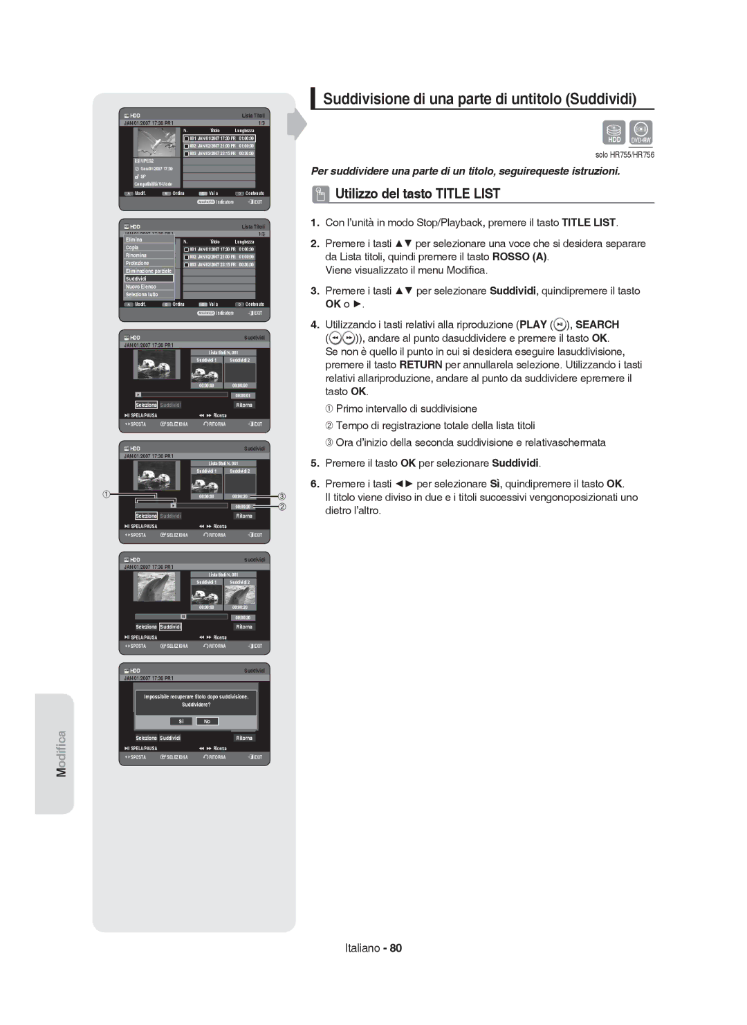 Samsung DVD-HR755/XEB manual Suddivisione di una parte di untitolo Suddividi, Nuovo SPElenco, Ritorna, Suddividere? 