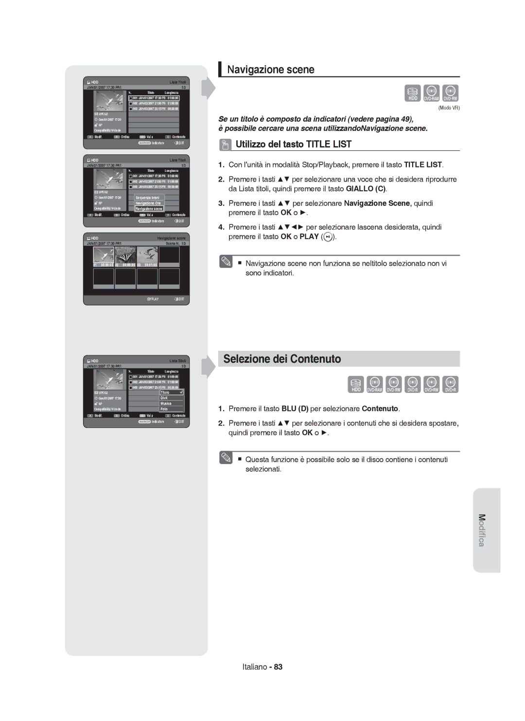 Samsung DVD-HR755/XET, DVD-HR755/XEB manual Selezione dei Contenuto, Navigazione scene, 01 000005 02 000035 03, Titolo 