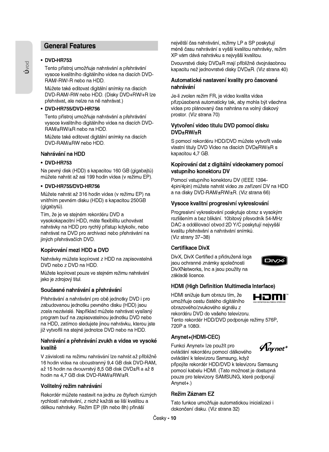 Samsung DVD-HR755/XEH, DVD-HR755/XEF, DVD-HR753/XEH manual General Features 