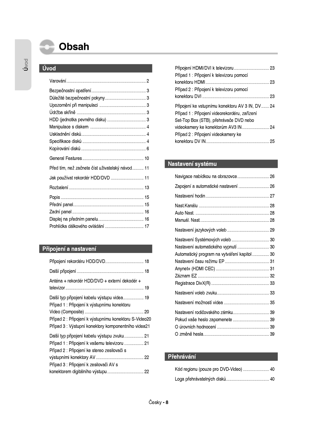 Samsung DVD-HR753/XEH, DVD-HR755/XEF, DVD-HR755/XEH manual Obsah 