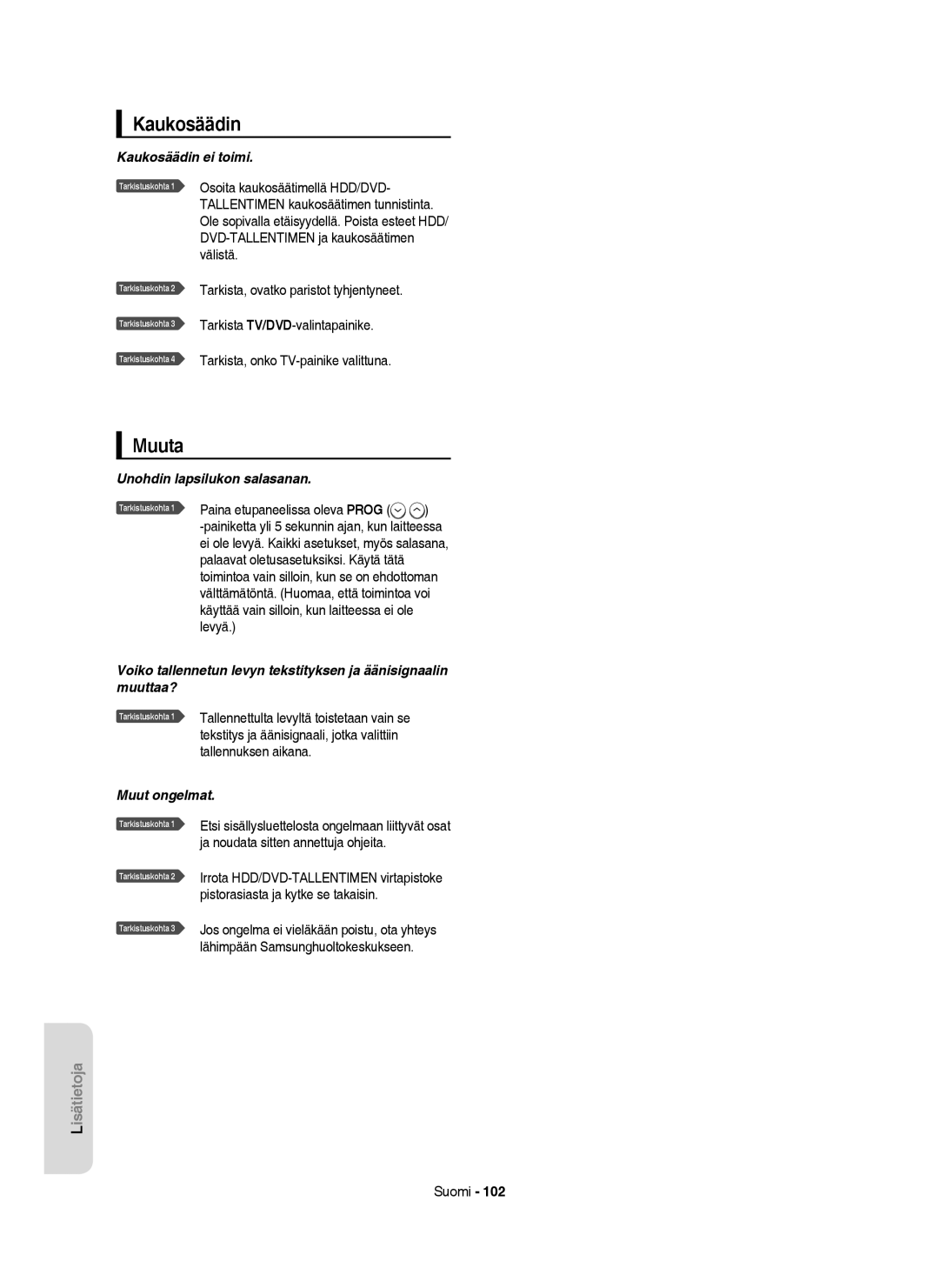 Samsung DVD-HR755/XEE, DVD-HR756/XEE, DVD-HR753/XEE, DVD-HR754/XEE manual Kaukosäädin, Muuta 