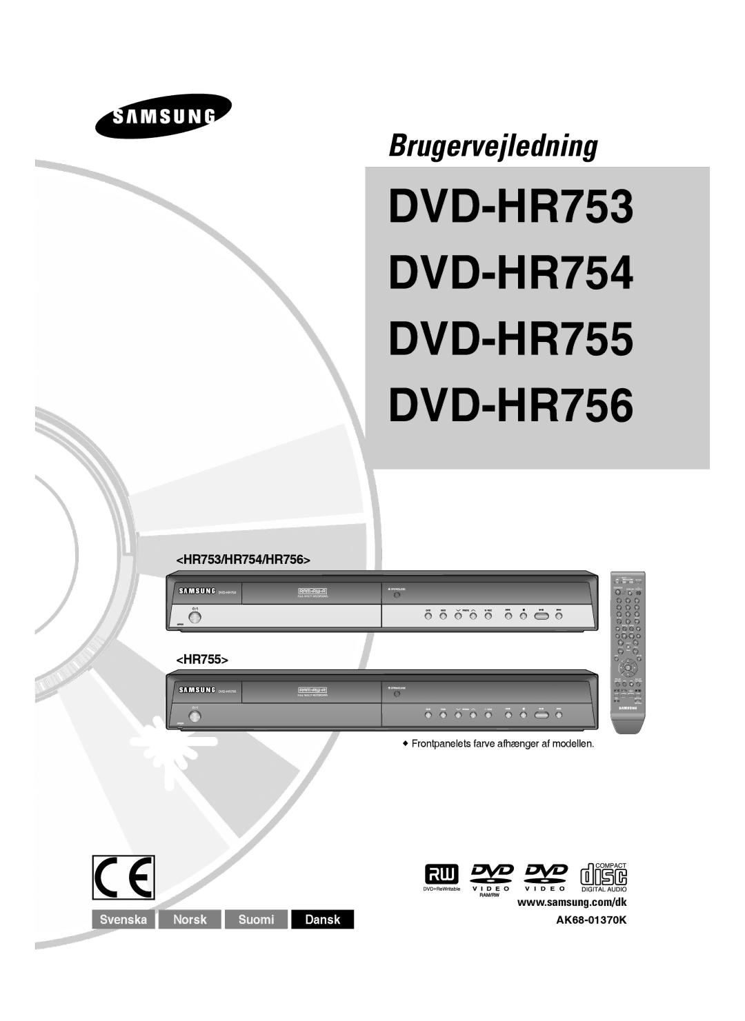 Samsung DVD-HR754/XEE, DVD-HR756/XEE manual HR753/HR754/HR756 HR755,  Frontpanelets farve afhænger af modellen, AK68-01370K 