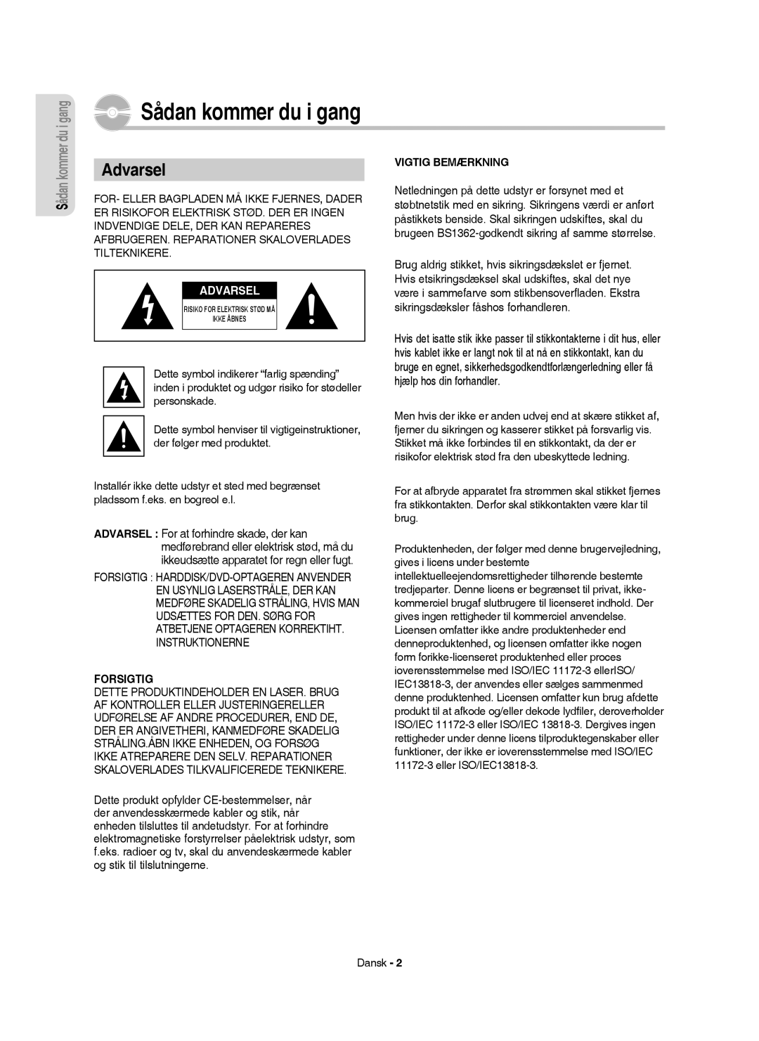 Samsung DVD-HR756/XEE, DVD-HR753/XEE, DVD-HR755/XEE, DVD-HR754/XEE manual Sådan kommer du i gang, Dansk 