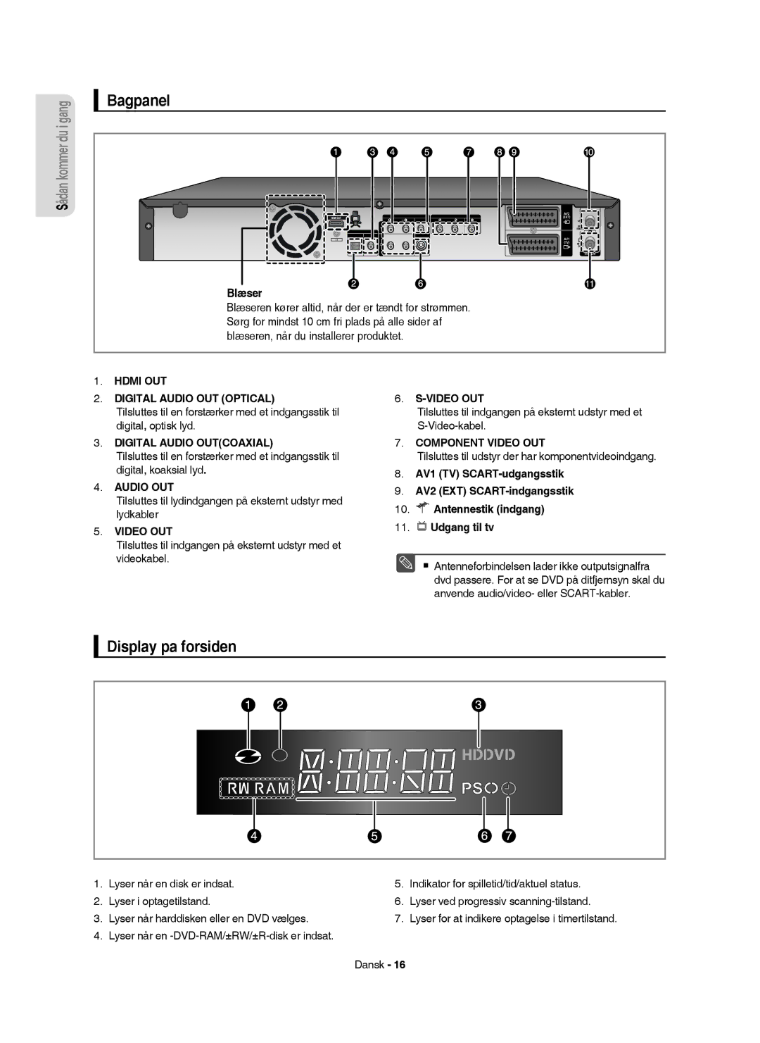 Samsung DVD-HR755/XEE manual Bagpanel, Display pa forsiden, Blæser, Tilsluttes til udstyr der har komponentvideoindgang 