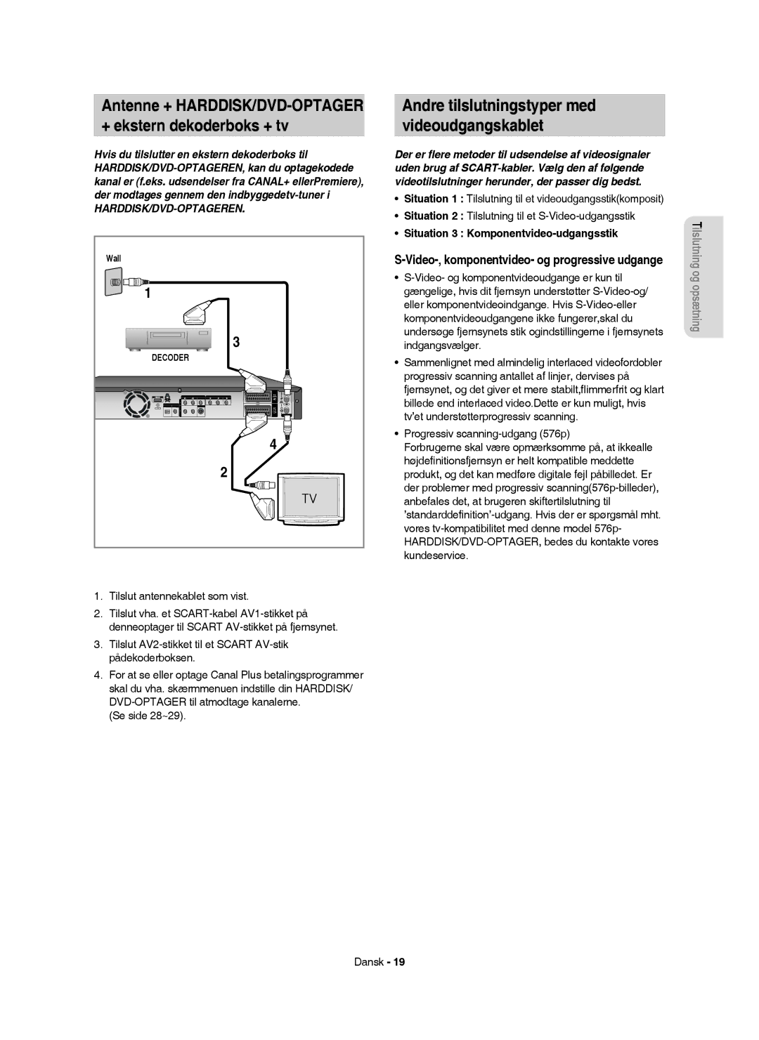 Samsung DVD-HR753/XEE, DVD-HR756/XEE manual + ekstern dekoderboks + tv, Andre tilslutningstyper med Videoudgangskablet 