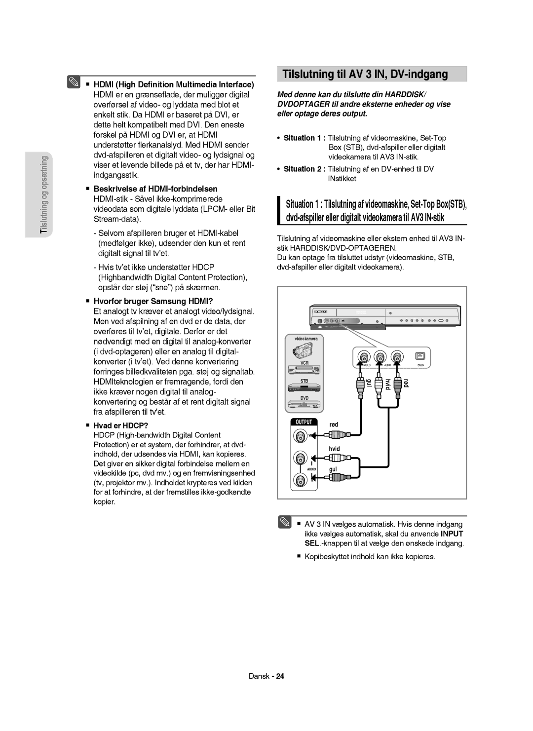 Samsung DVD-HR755/XEE, DVD-HR756/XEE Tilslutning til AV 3 IN, DV-indgang,  Hvorfor bruger Samsung HDMI?,  Hvad er HDCP? 