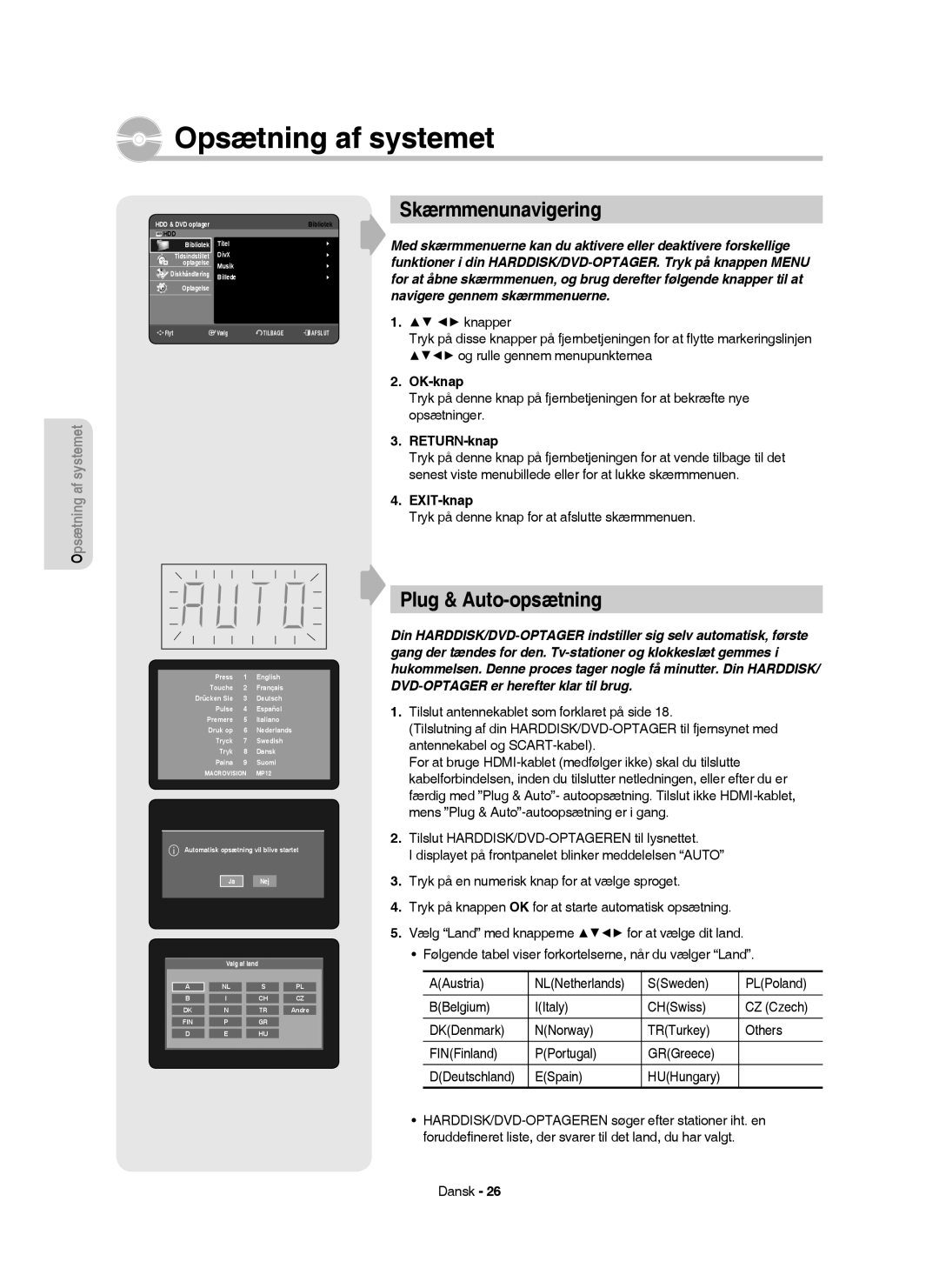 Samsung DVD-HR756/XEE manual Opsætning af systemet, Skærmmenunavigering, Plug & Auto-opsætning, OK-knap, RETURN-knap 