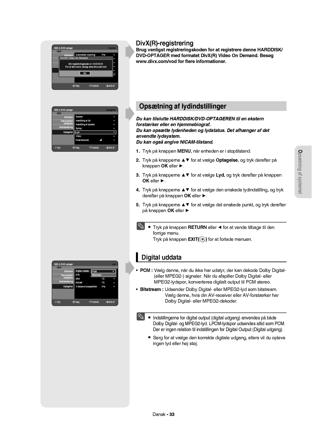 Samsung DVD-HR754/XEE, DVD-HR756/XEE manual Opsætning af lydindstillinger, DivXR-registrering, Digital uddata, OK eller 