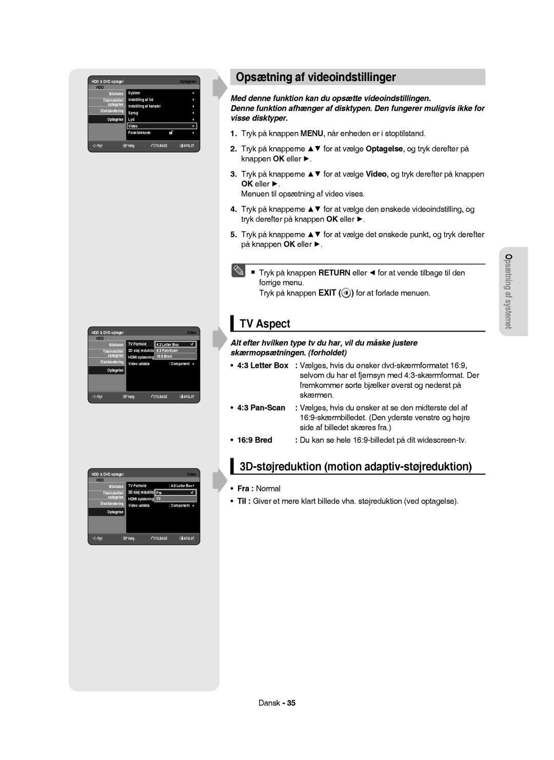 Samsung DVD-HR753/XEE, DVD-HR756/XEE manual Opsætning af videoindstillinger, 3D-støjreduktion motion adaptiv-støjreduktion 