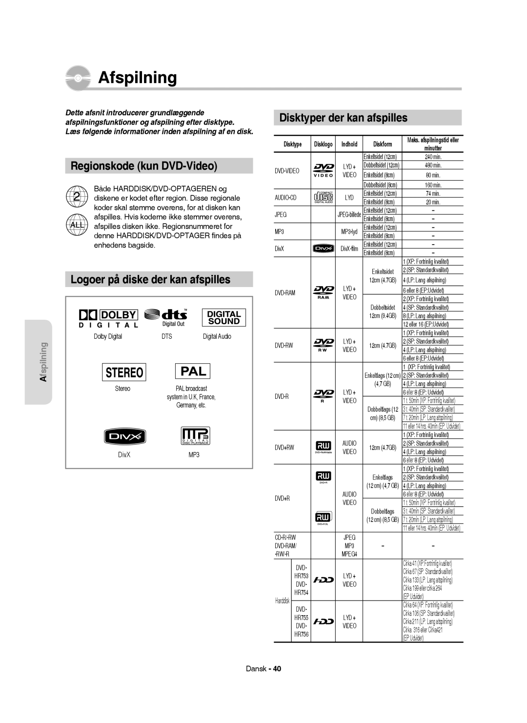 Samsung DVD-HR755/XEE, DVD-HR756/XEE manual Afspilning, Regionskode kun DVD-Video, Logoer på diske der kan afspilles 