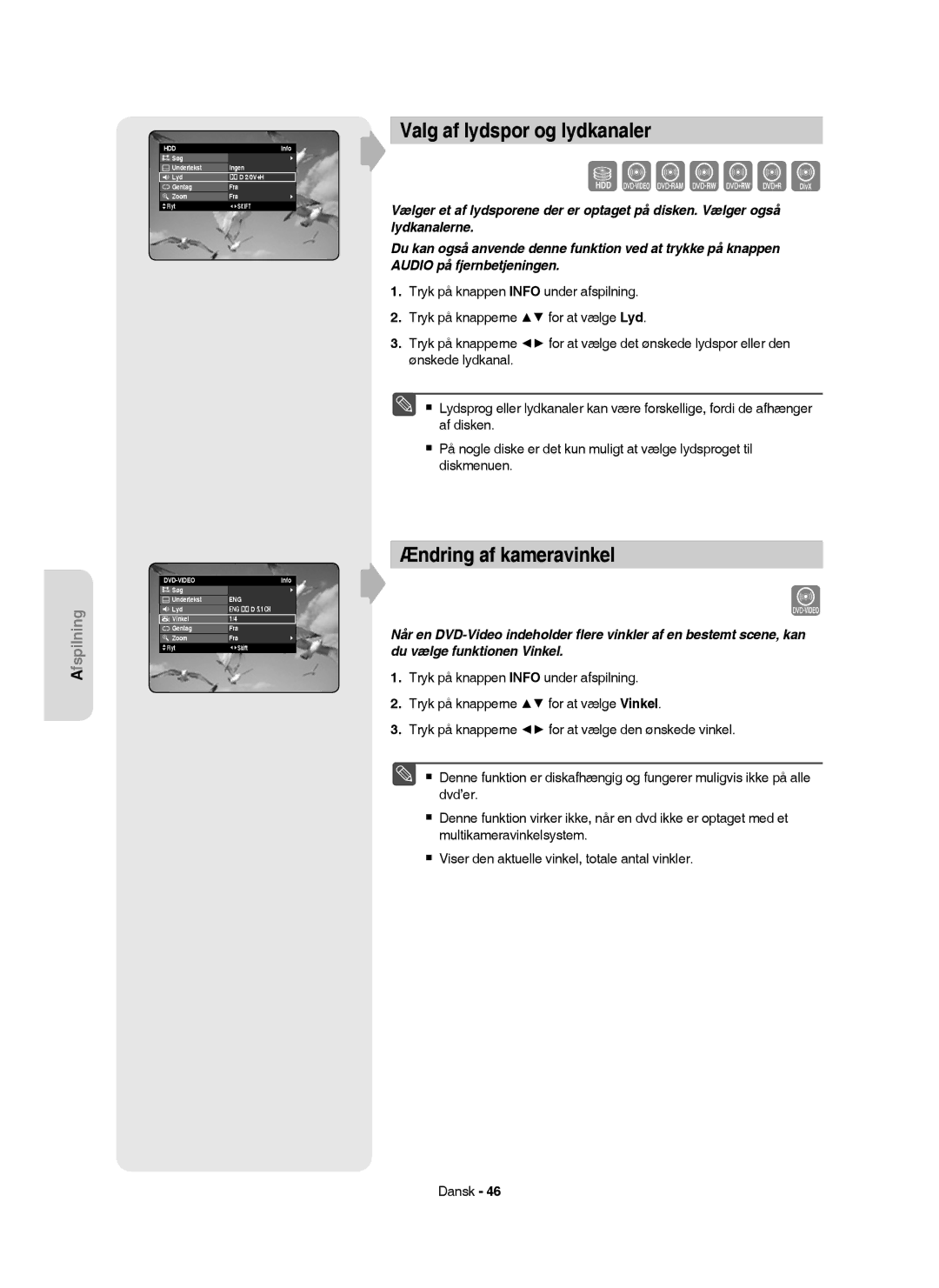 Samsung DVD-HR756/XEE, DVD-HR753/XEE, DVD-HR755/XEE Valg af lydspor og lydkanaler, Ændring af kameravinkel, Søg Undertekst 