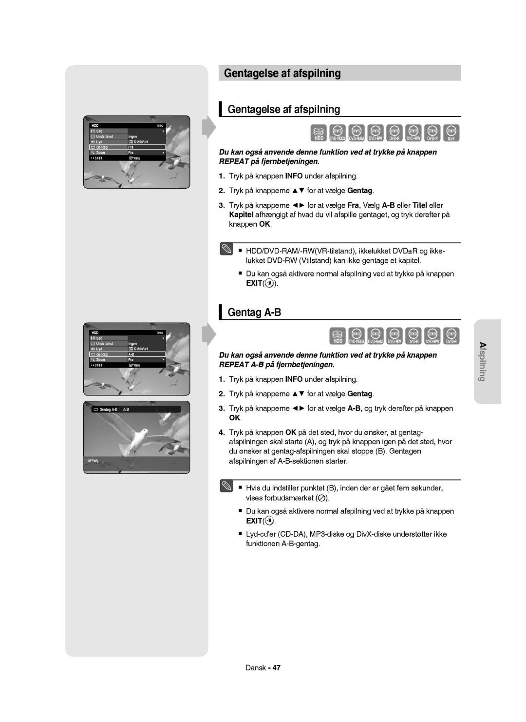 Samsung DVD-HR753/XEE, DVD-HR756/XEE Gentagelse af afspilning, Gentag A-B, Søg Undertekst Ingen Lyd 2/0V+H Gentag Zoom Fra 