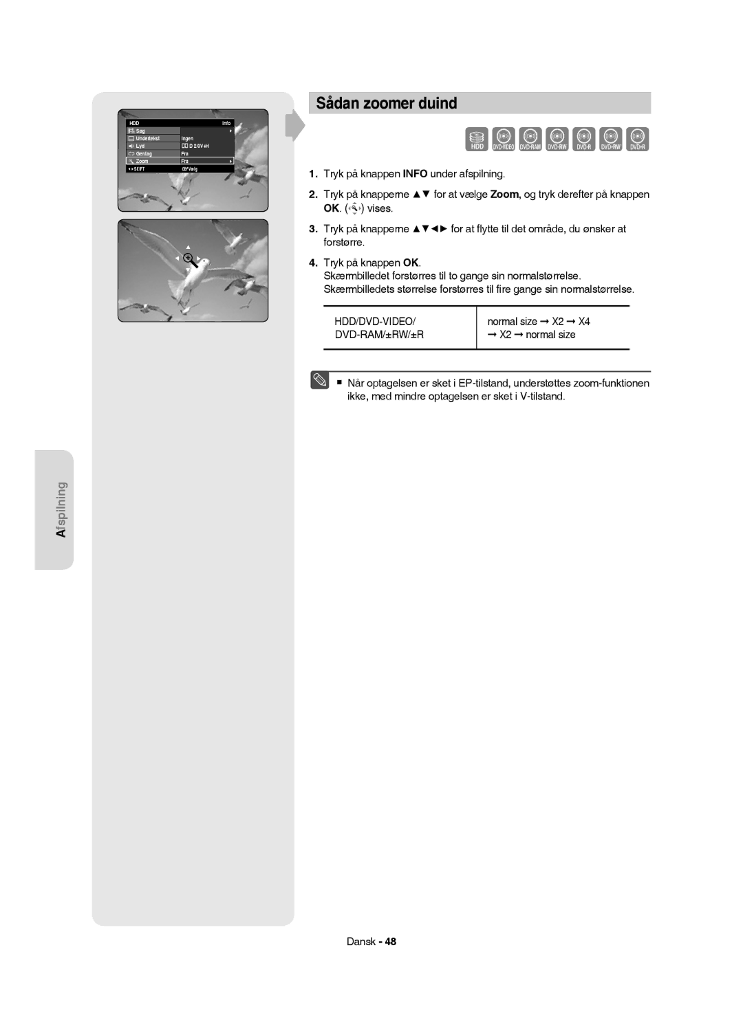 Samsung DVD-HR755/XEE, DVD-HR756/XEE, DVD-HR753/XEE, DVD-HR754/XEE manual Sådan zoomer duind, Normal size X2, X2 normal size 