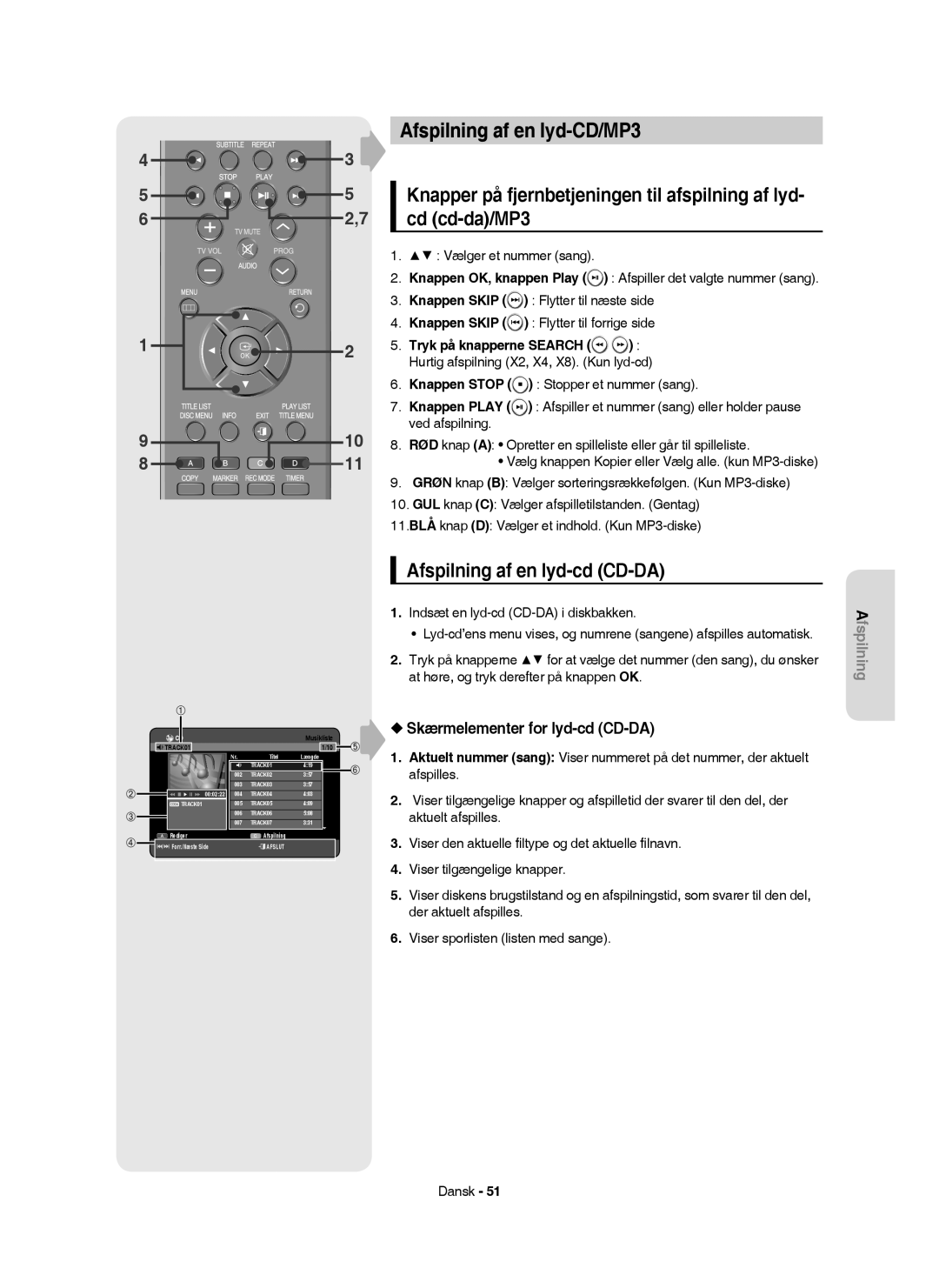 Samsung DVD-HR753/XEE manual Afspilning af en lyd-CD/MP3, Afspilning af en lyd-cd CD-DA, Skærmelementer for lyd-cd CD-DA 