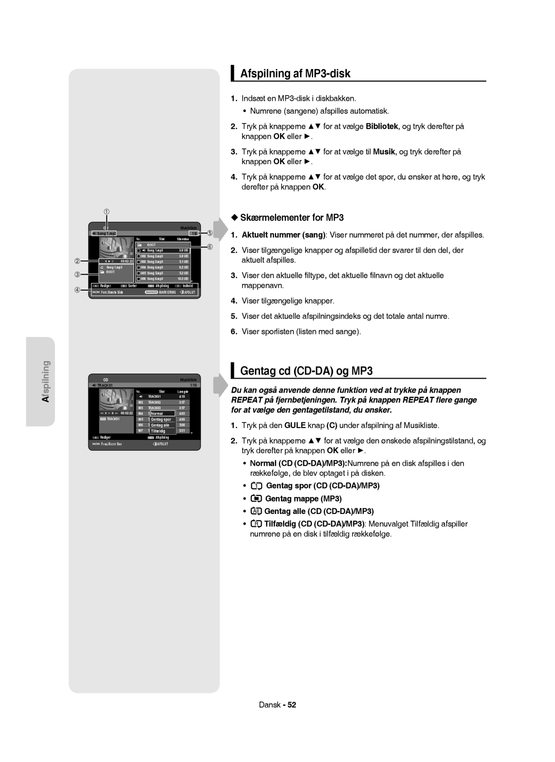 Samsung DVD-HR755/XEE, DVD-HR756/XEE manual Afspilning af MP3-disk, Gentag cd CD-DA og MP3, Skærmelementer for MP3, Normal 