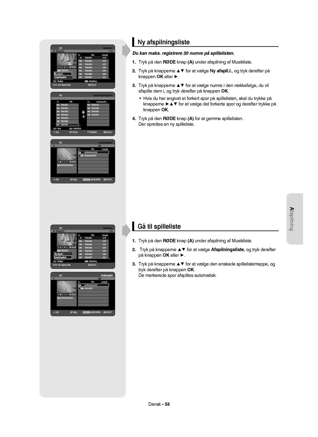 Samsung DVD-HR754/XEE, DVD-HR756/XEE, DVD-HR753/XEE Ny afspilningsliste, Gå til spilleliste, Afspil.l, Afspilningsliste 