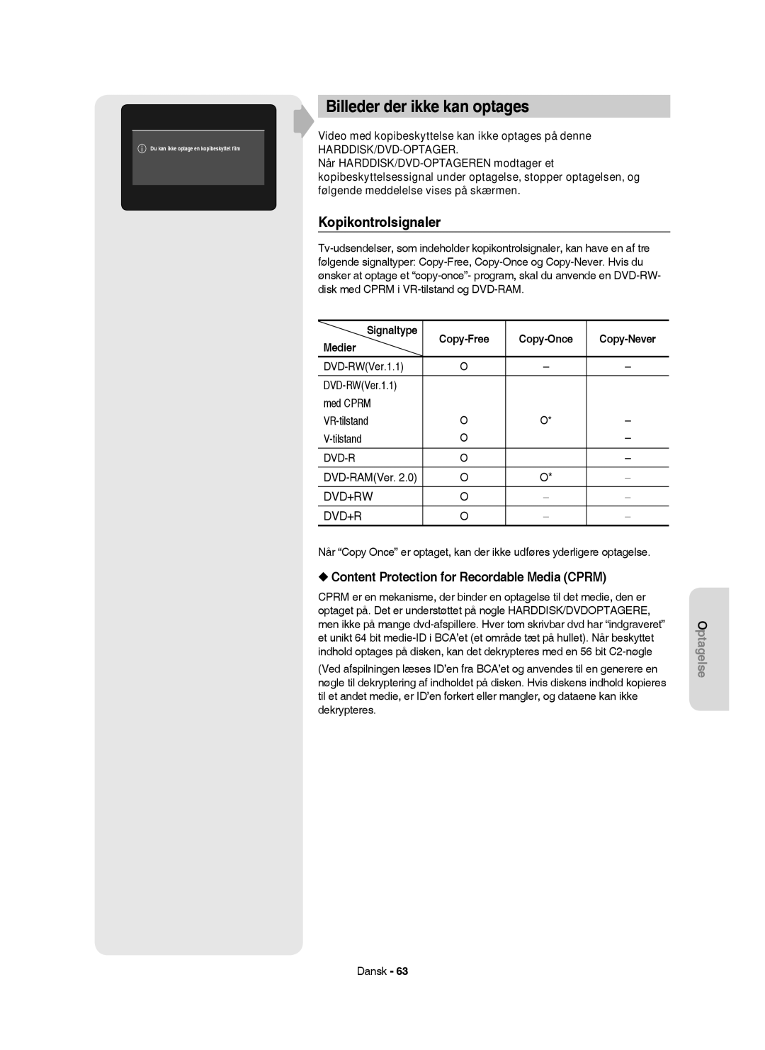 Samsung DVD-HR753/XEE Billeder der ikke kan optages, Kopikontrolsignaler, Content Protection for Recordable Media Cprm 