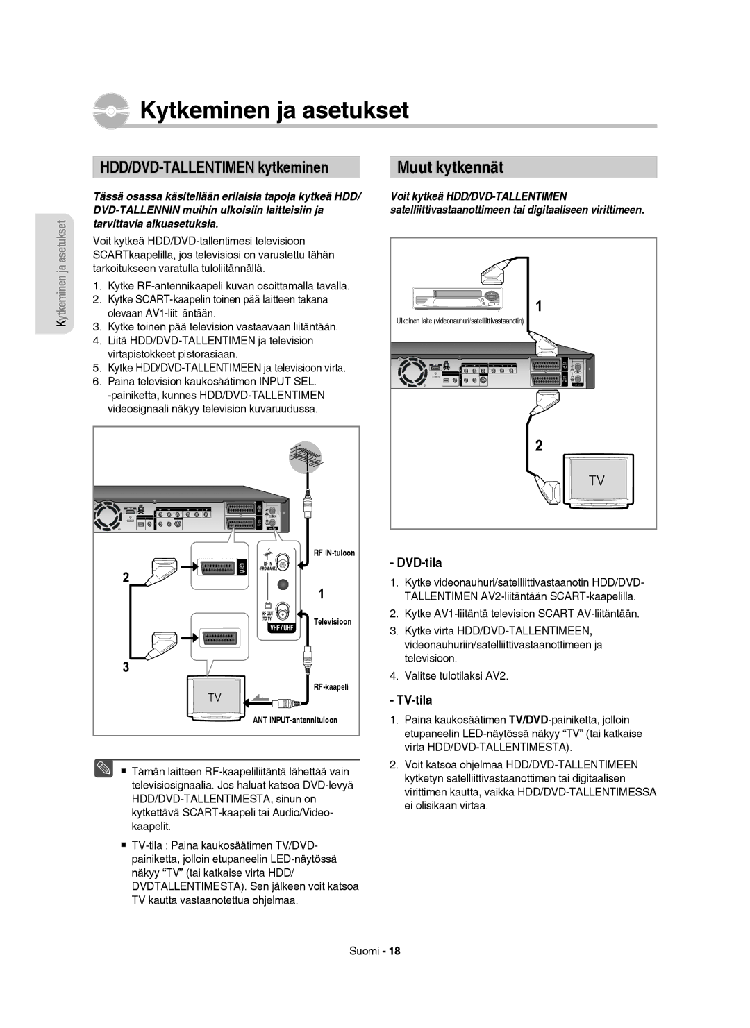 Samsung DVD-HR755/XEE manual Kytkeminen ja asetukset, HDD/DVD-TALLENTIMEN kytkeminen, Muut kytkennät, DVD-tila, TV-tila 