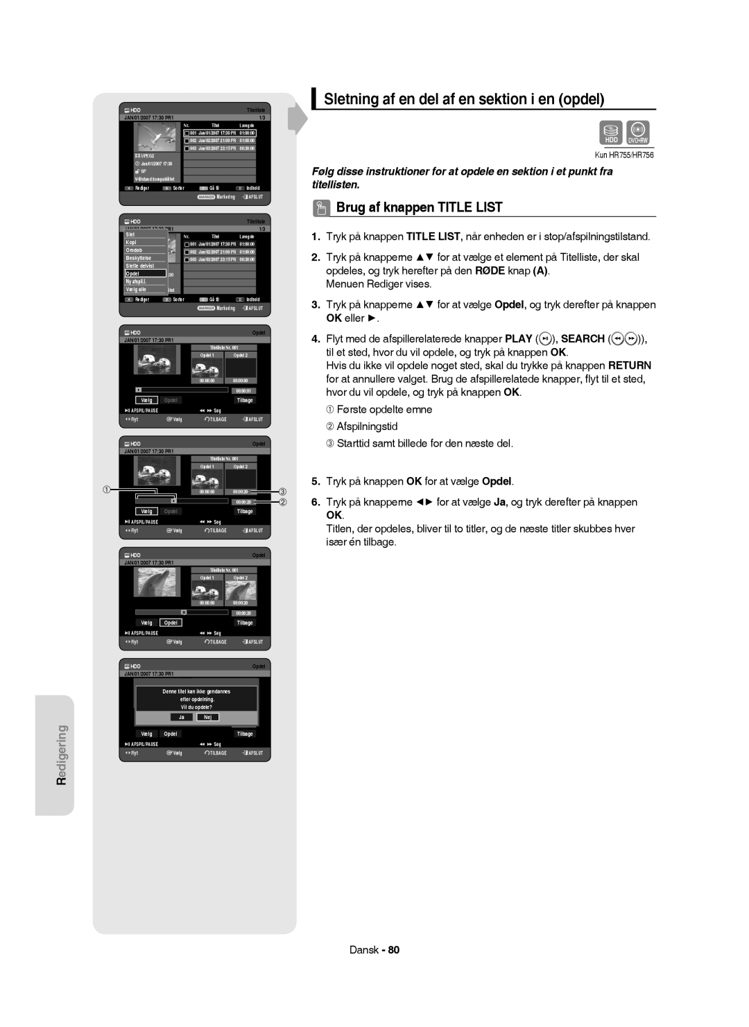 Samsung DVD-HR755/XEE, DVD-HR756/XEE, DVD-HR753/XEE, DVD-HR754/XEE manual Sletning af en del af en sektion i en opdel 