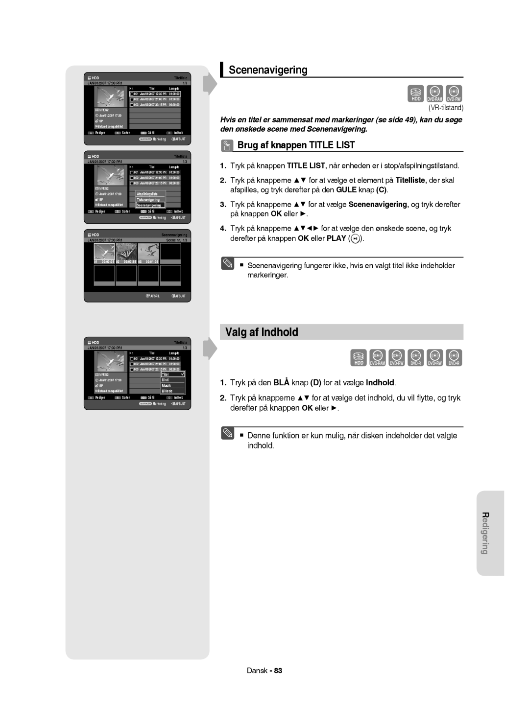 Samsung DVD-HR753/XEE, DVD-HR756/XEE, DVD-HR755/XEE, DVD-HR754/XEE Valg af Indhold, Scenenavigering, 01 000005 02 000035 03 