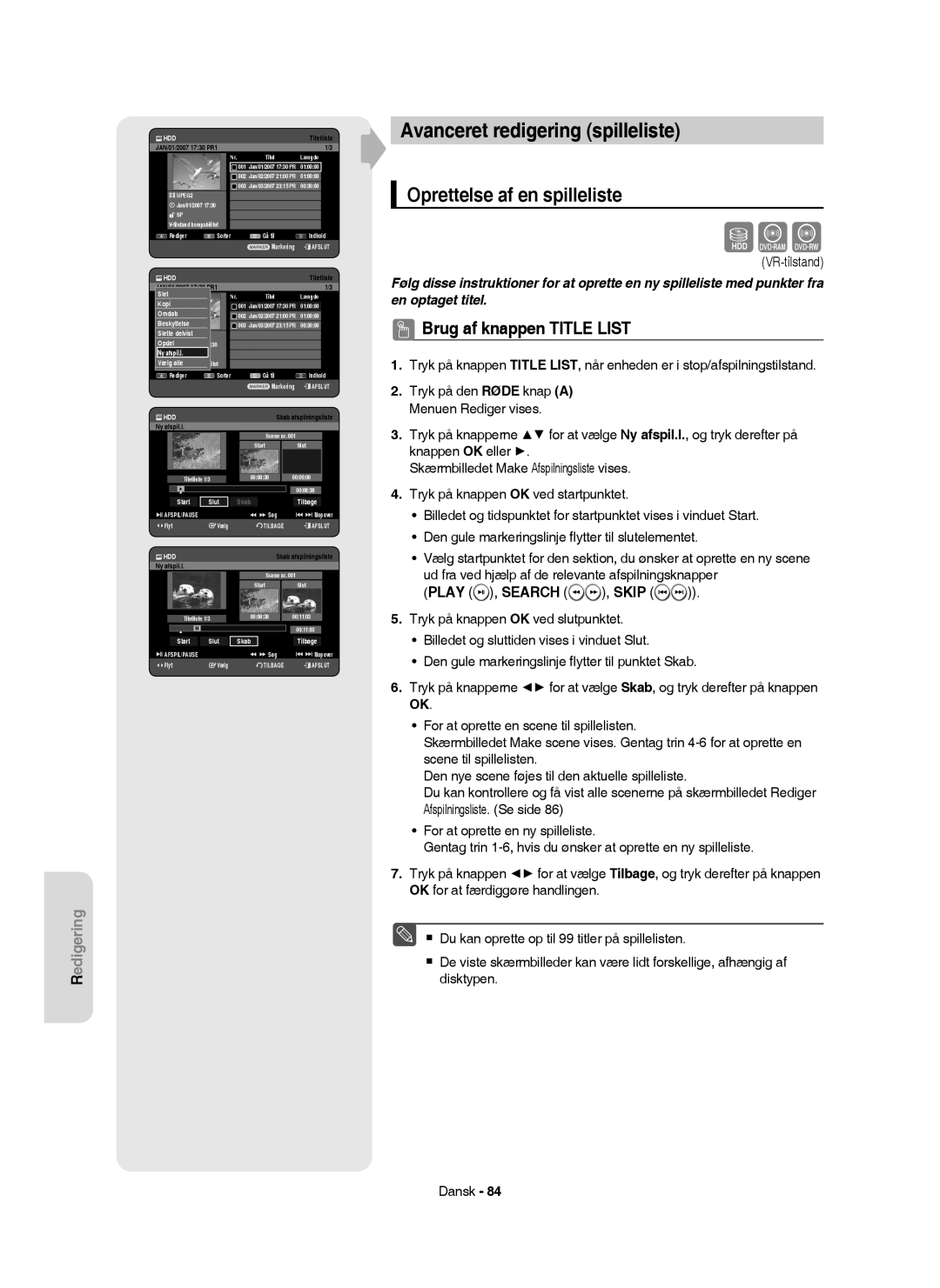 Samsung DVD-HR755/XEE Avanceret redigering spilleliste, Oprettelse af en spilleliste, Slette 3delvist MPEG2, Ny afspil.l 