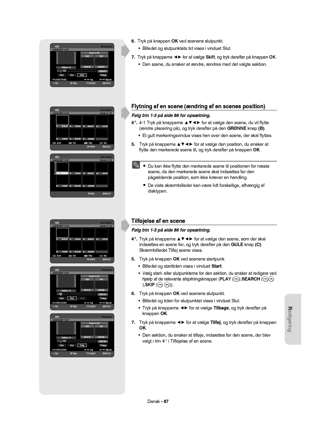 Samsung DVD-HR753/XEE, DVD-HR756/XEE manual Flytning af en scene ændring af en scenes position, Tilføjelse af en scene 