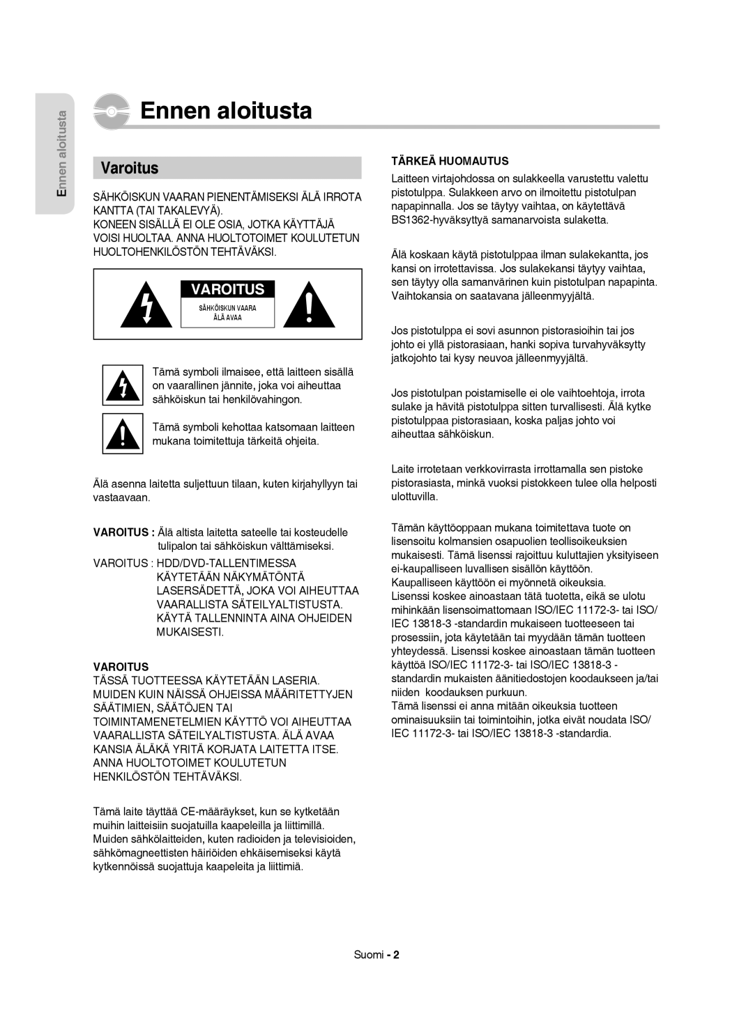 Samsung DVD-HR755/XEE, DVD-HR756/XEE, DVD-HR753/XEE, DVD-HR754/XEE manual Ennen aloitusta, Varoitus, Suomi 