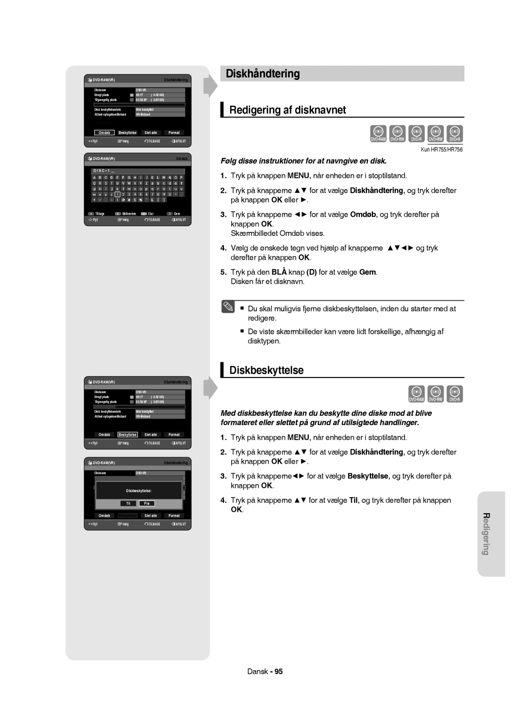 Samsung DVD-HR753/XEE, DVD-HR756/XEE, DVD-HR755/XEE, DVD-HR754/XEE Diskhåndtering, Redigering af disknavnet, Diskbeskyttelse 