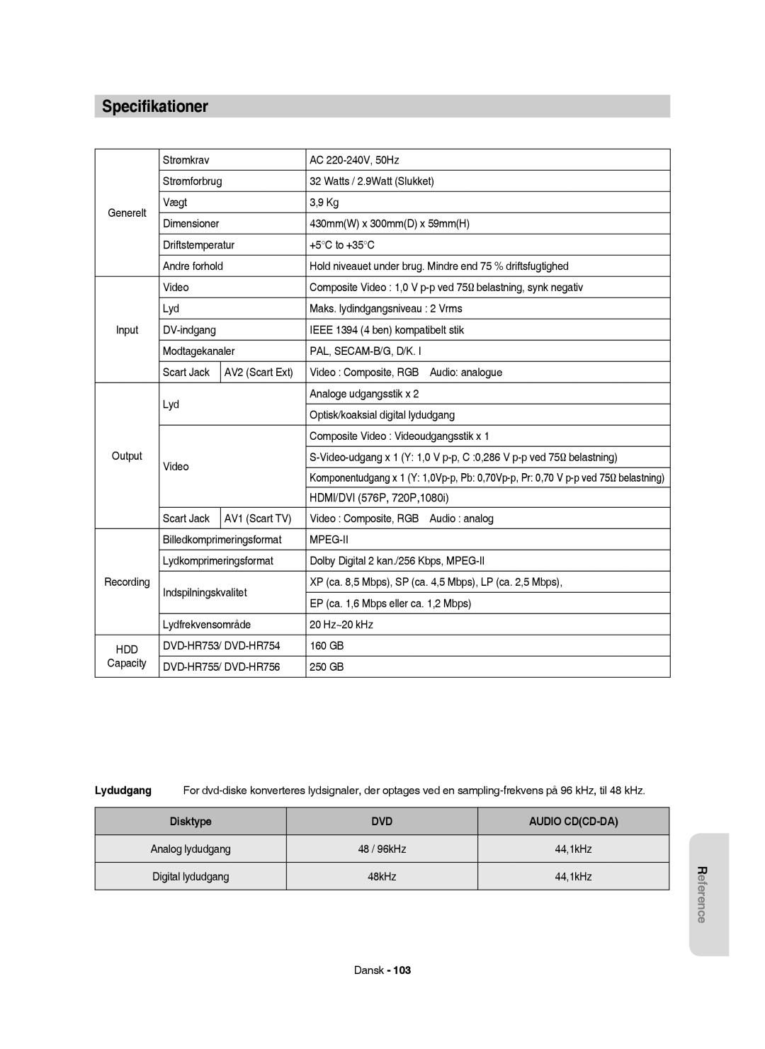 Samsung DVD-HR753/XEE, DVD-HR756/XEE, DVD-HR755/XEE, DVD-HR754/XEE manual Speciﬁkationer, Disktype 