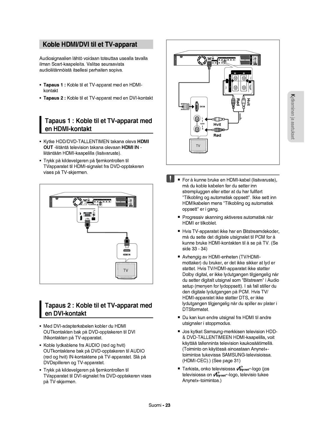 Samsung DVD-HR754/XEE manual Koble HDMI/DVI til et TV-apparat, Tapaus 1 Koble til et TV-apparat med en HDMI-kontakt 