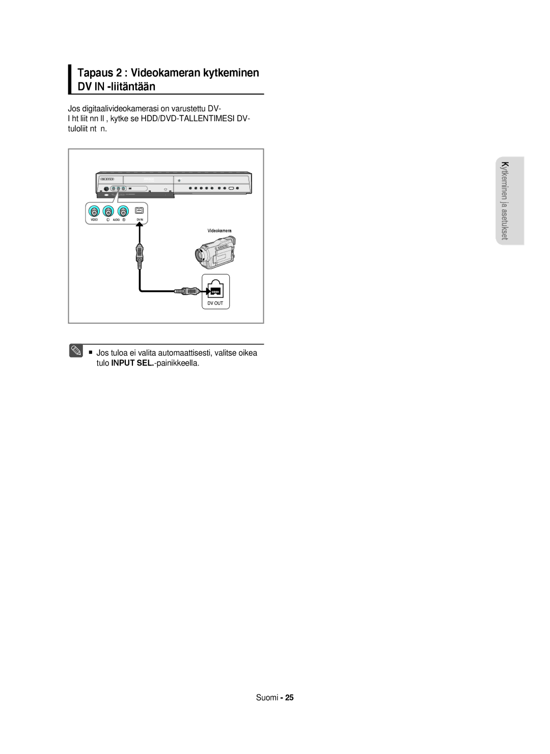 Samsung DVD-HR753/XEE, DVD-HR756/XEE, DVD-HR755/XEE, DVD-HR754/XEE manual Tapaus 2 Videokameran kytkeminen DV in -liitäntään 