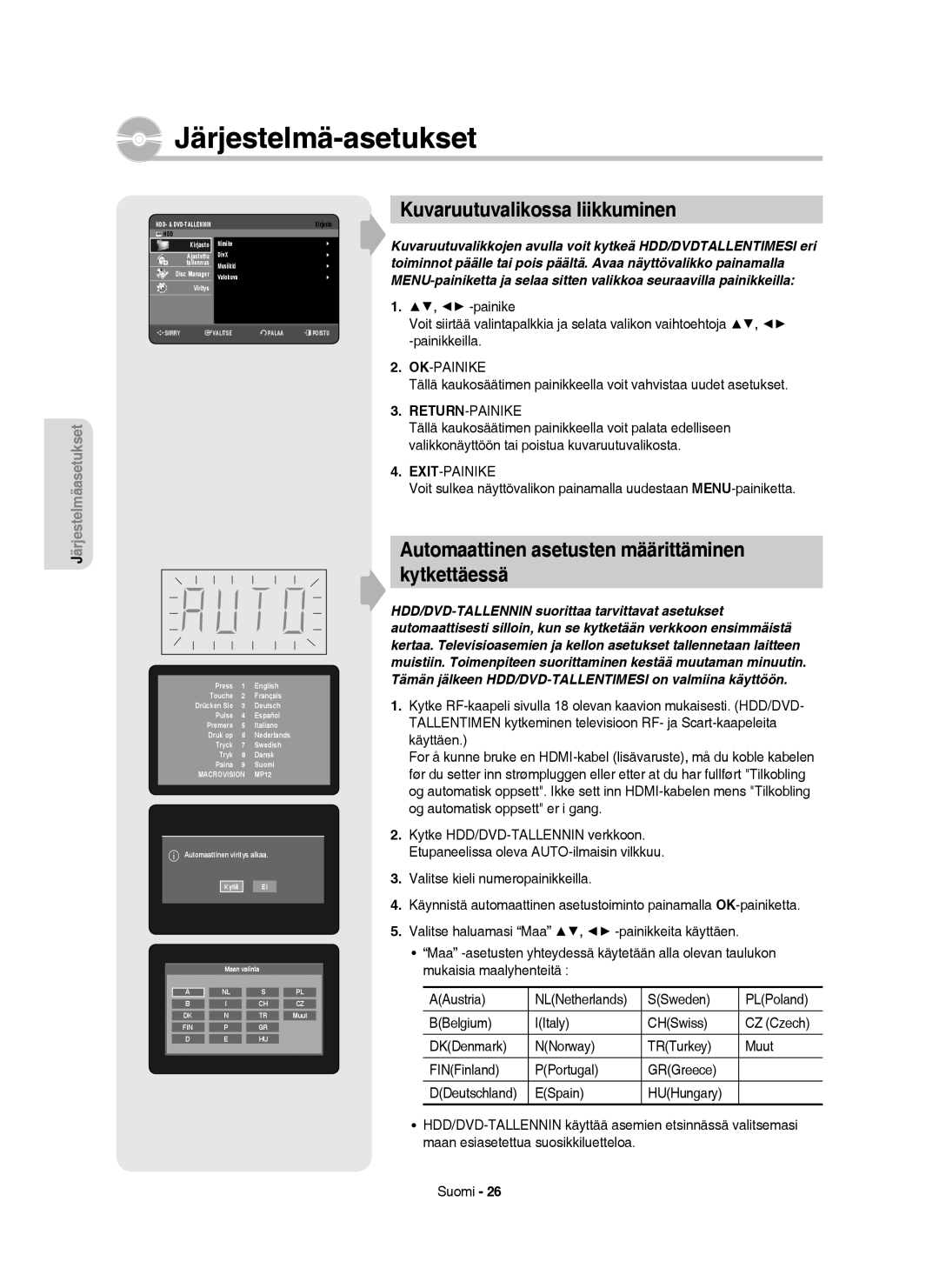 Samsung DVD-HR755/XEE, DVD-HR756/XEE Järjestelmä-asetukset, Kuvaruutuvalikossa liikkuminen, NLNetherlands, DDeutschland 