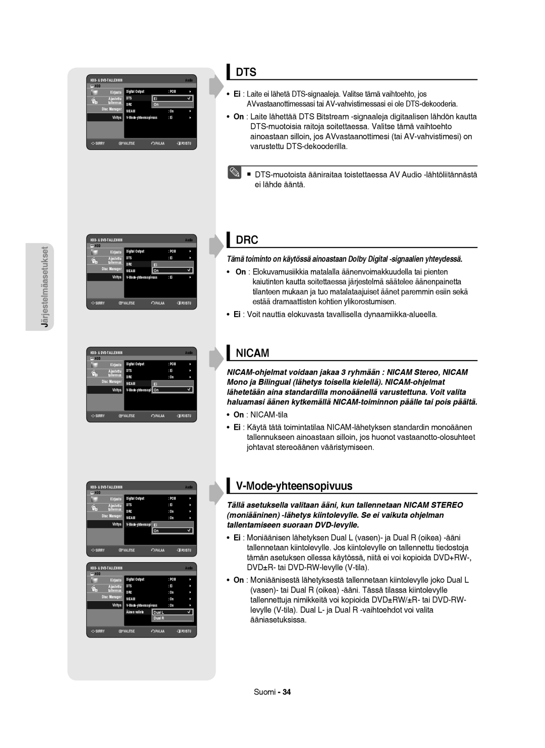 Samsung DVD-HR755/XEE, DVD-HR756/XEE, DVD-HR753/XEE, DVD-HR754/XEE manual Mode-yhteensopivuus, On NICAM-tila, Dual L Dual R 