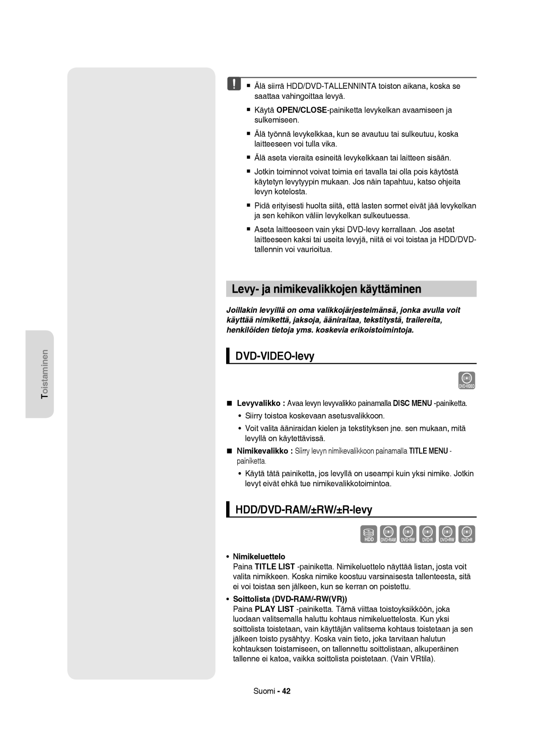 Samsung DVD-HR755/XEE manual Levy- ja nimikevalikkojen käyttäminen, DVD-VIDEO-levy, HDD/DVD-RAM/±RW/±R-levy, Nimikeluettelo 