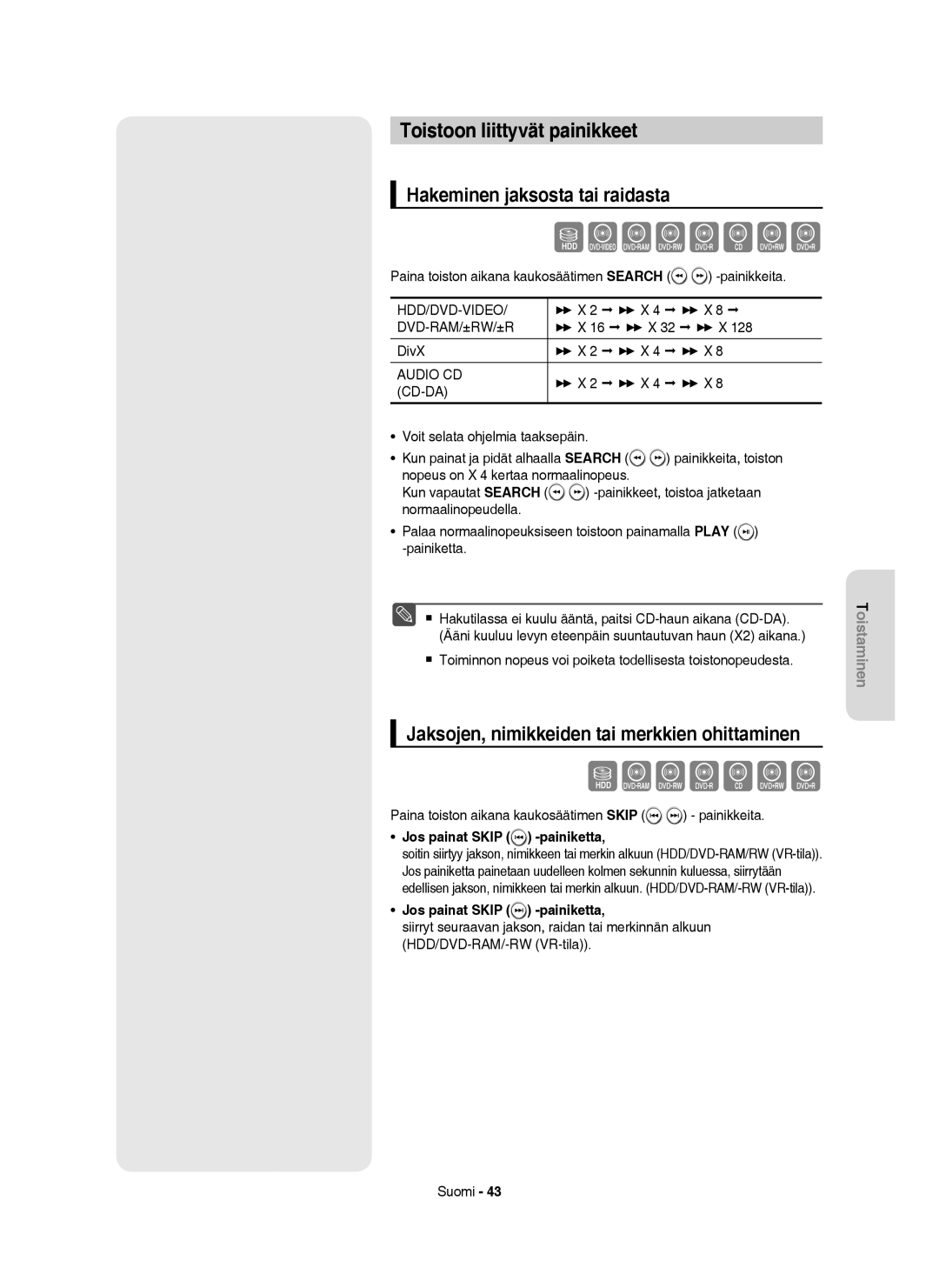 Samsung DVD-HR754/XEE manual Toistoon liittyvät painikkeet, Hakeminen jaksosta tai raidasta, Jos painat Skip -painiketta 