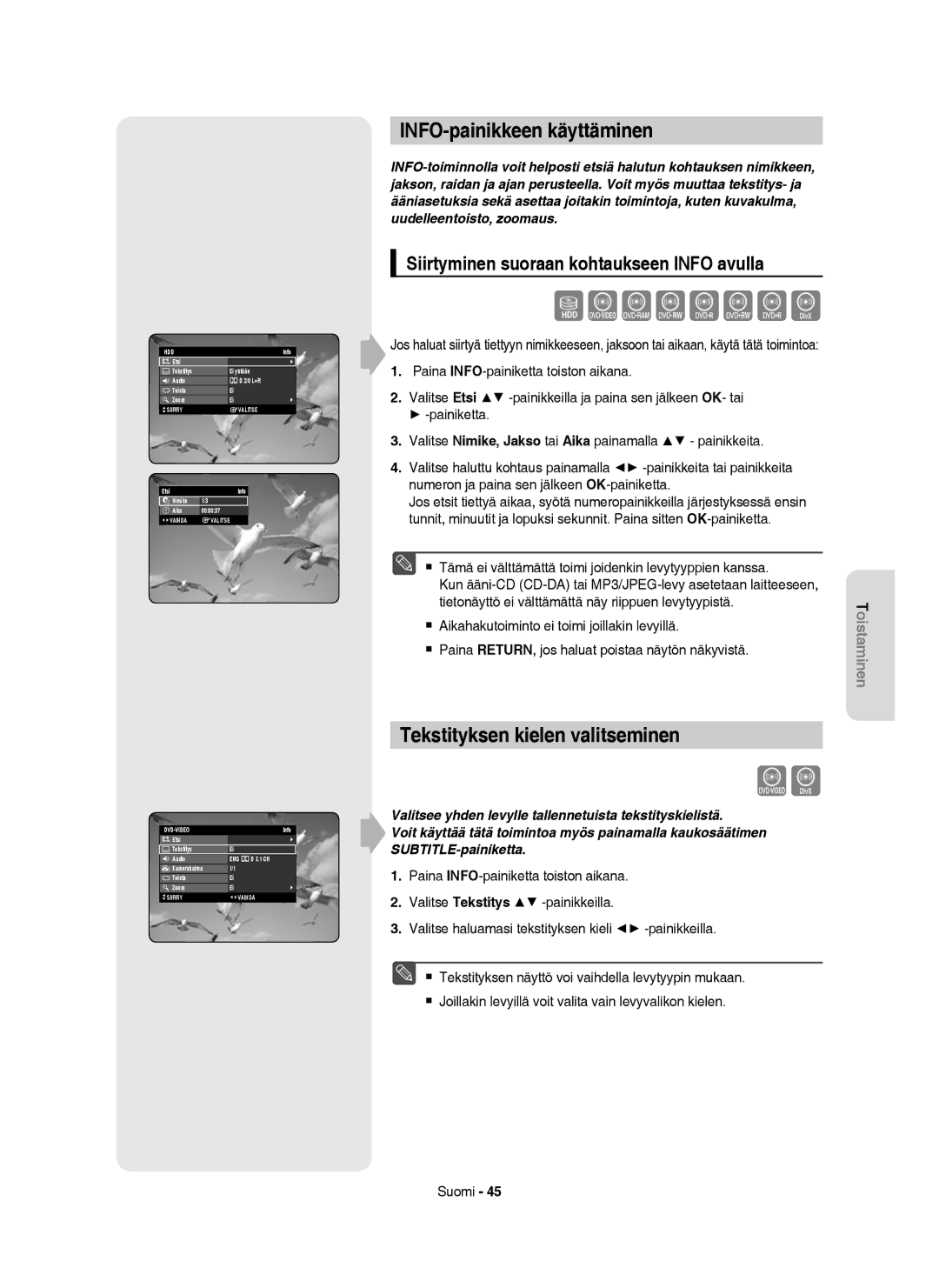 Samsung DVD-HR753/XEE, DVD-HR756/XEE, DVD-HR755/XEE manual INFO-painikkeen käyttäminen, Tekstityksen kielen valitseminen 