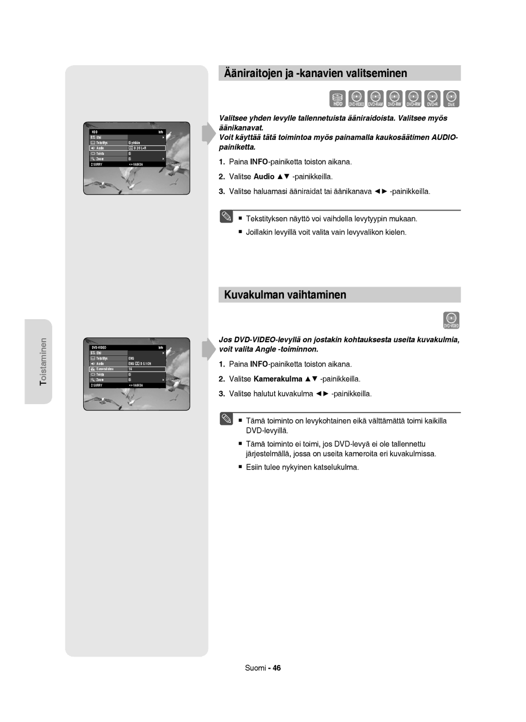 Samsung DVD-HR755/XEE, DVD-HR756/XEE manual Ääniraitojen ja -kanavien valitseminen, Kuvakulman vaihtaminen, Etsi Tekstitys 