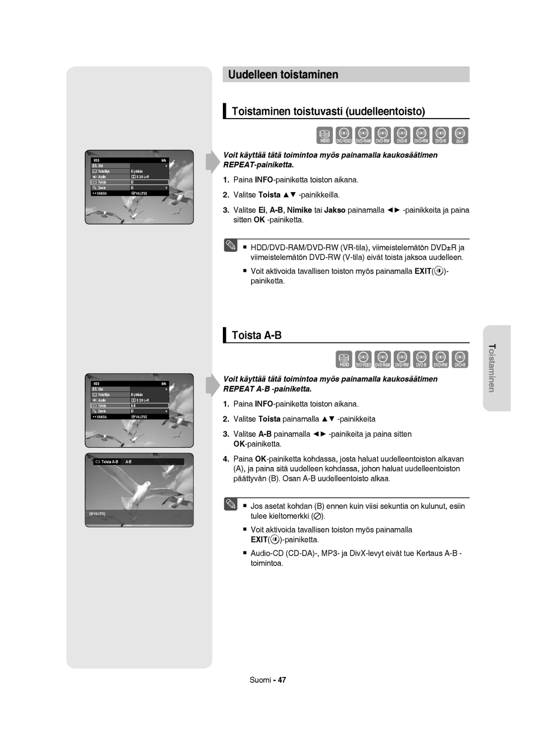 Samsung DVD-HR754/XEE, DVD-HR756/XEE manual Uudelleen toistaminen, Toistaminen toistuvasti uudelleentoisto, Toista A-B 