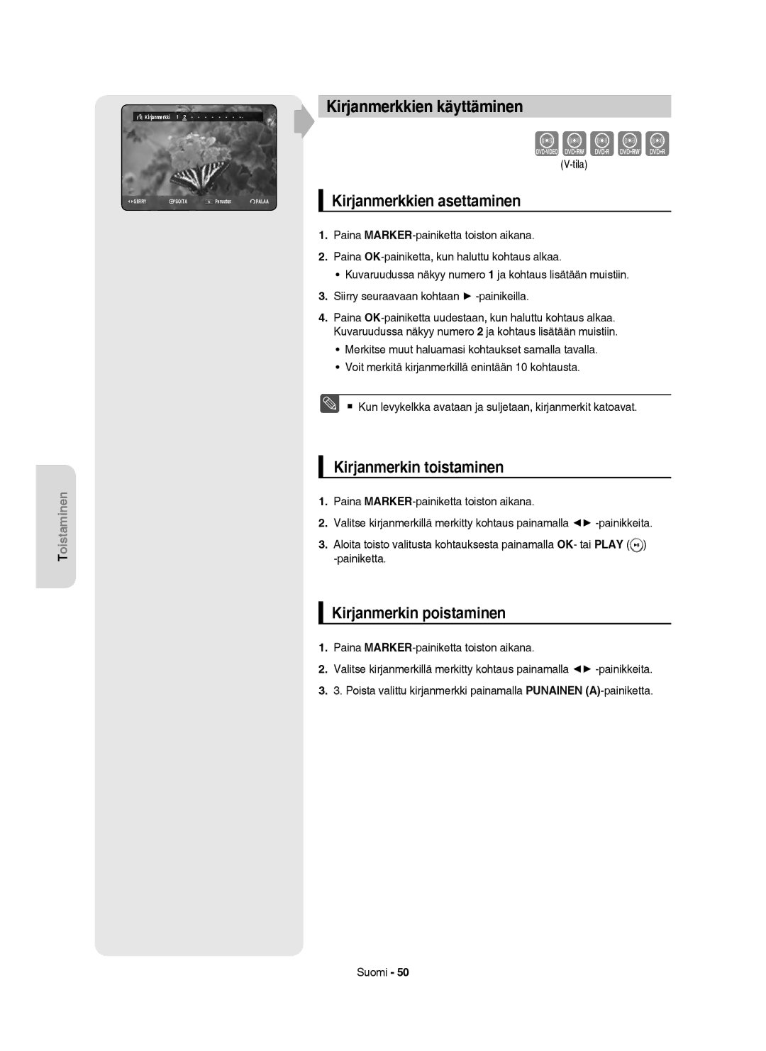 Samsung DVD-HR755/XEE manual Kirjanmerkkien käyttäminen, Kirjanmerkkien asettaminen, Kirjanmerkin toistaminen, Tila 