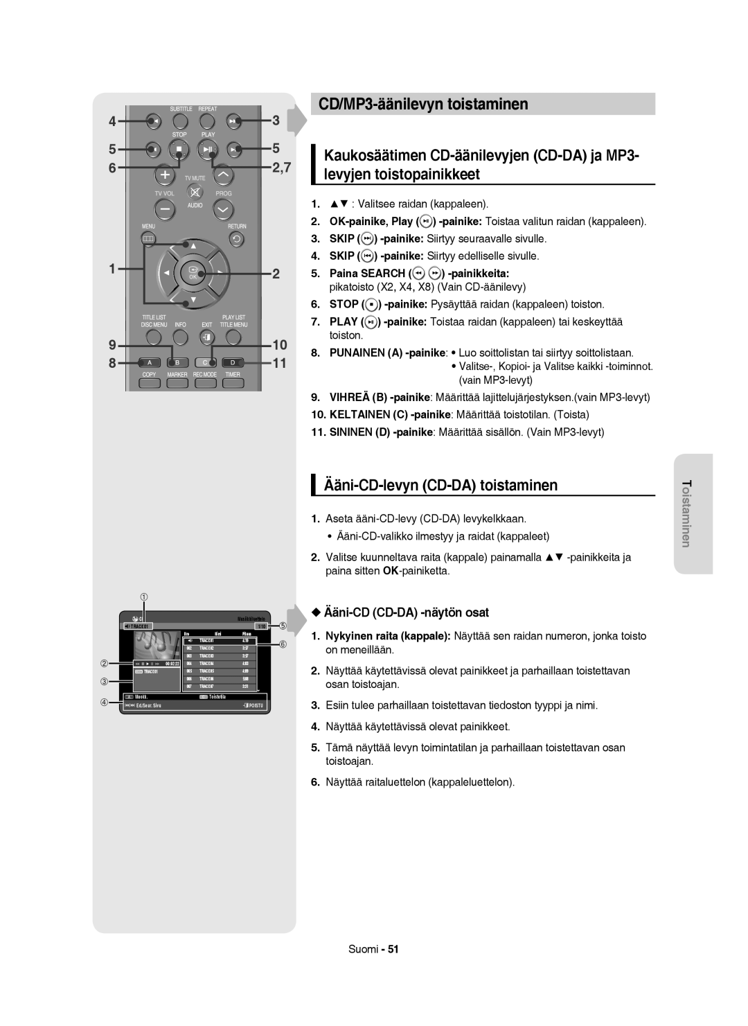 Samsung DVD-HR754/XEE manual CD/MP3-äänilevyn toistaminen, Ääni-CD-levyn CD-DA toistaminen, Ääni-CD CD-DA -näytön osat 