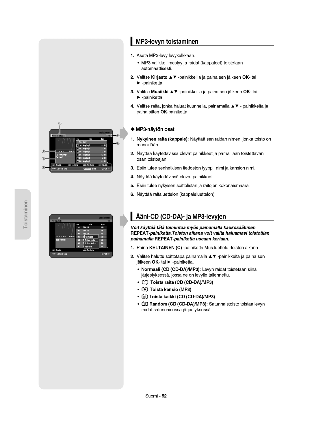 Samsung DVD-HR756/XEE, DVD-HR753/XEE, DVD-HR755/XEE MP3-levyn toistaminen, Ääni-CD CD-DA- ja MP3-levyjen, MP3-näytön osat 