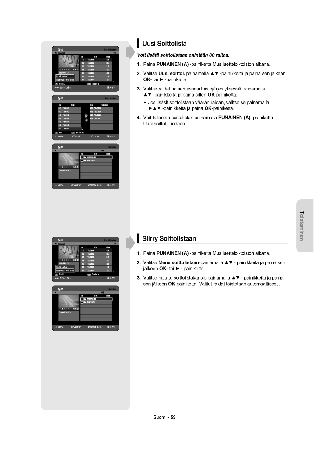 Samsung DVD-HR753/XEE, DVD-HR756/XEE, DVD-HR755/XEE, DVD-HR754/XEE manual Uusi Soittolista, Siirry Soittolistaan, Uusi soittol 