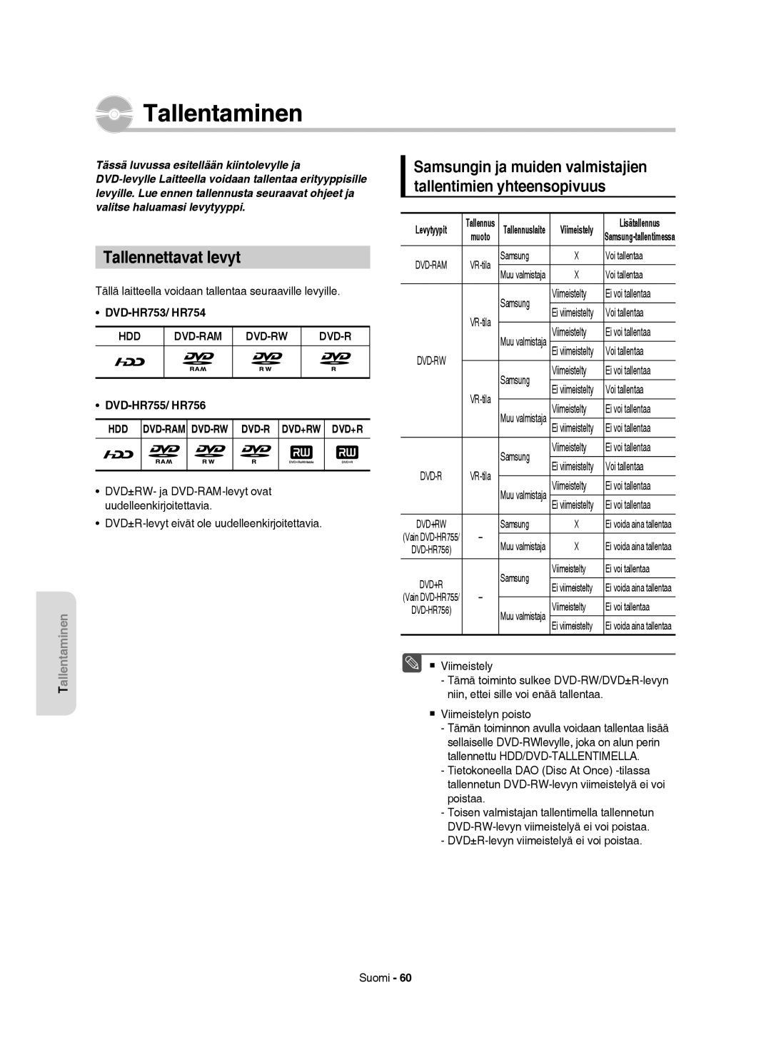 Samsung DVD-HR756/XEE, DVD-HR753/XEE, DVD-HR755/XEE, DVD-HR754/XEE manual Tallentaminen, Tallennettavat levyt 