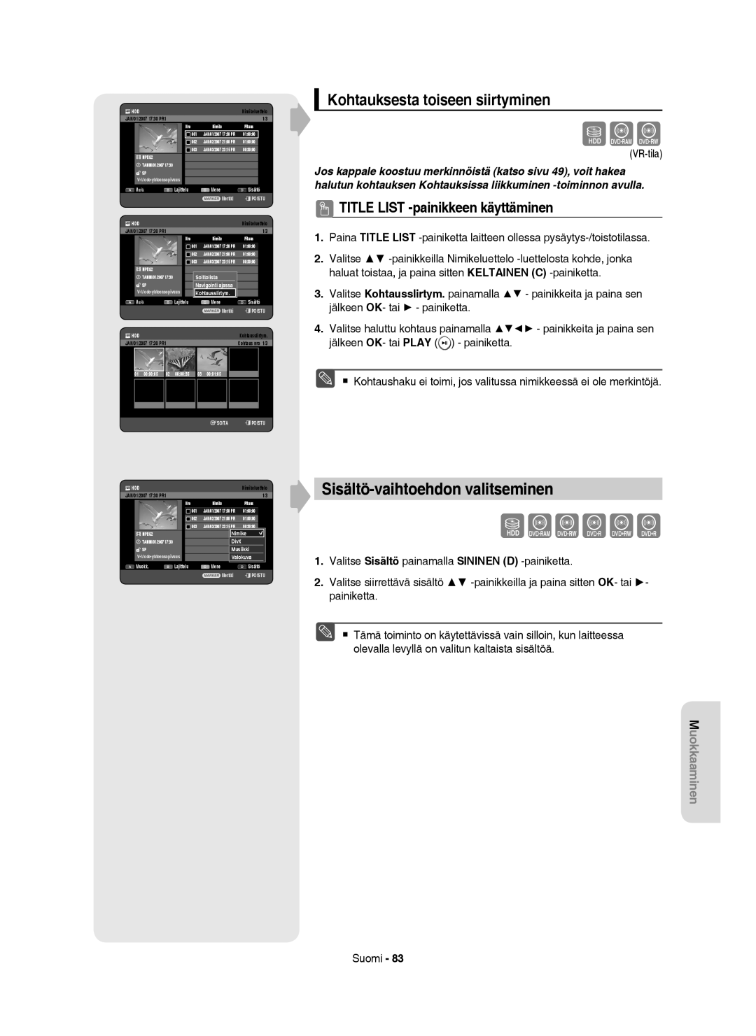 Samsung DVD-HR754/XEE, DVD-HR756/XEE, DVD-HR753/XEE manual Sisältö-vaihtoehdon valitseminen, Kohtauksesta toiseen siirtyminen 