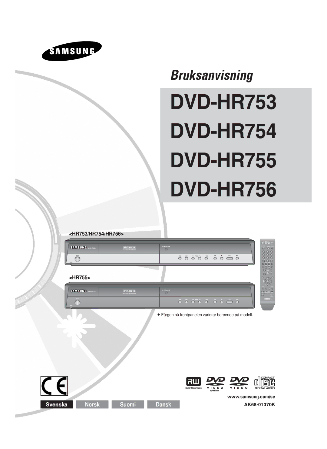 Samsung DVD-HR753/XEE manual HR753/HR754/HR756 HR755,  Färgen på frontpanelen varierar beroende på modell, AK68-01370K 