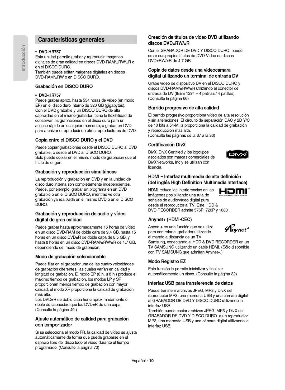 Samsung DVD-HR757/XEC manual Características generales 