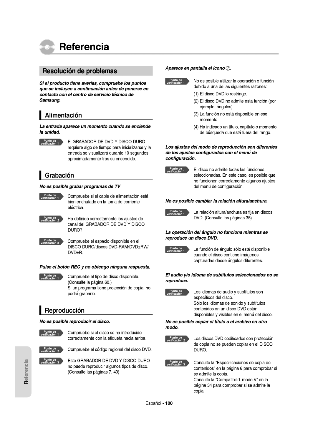 Samsung DVD-HR757/XEC manual Resolución de problemas, Alimentación, Grabación, Reproducción 