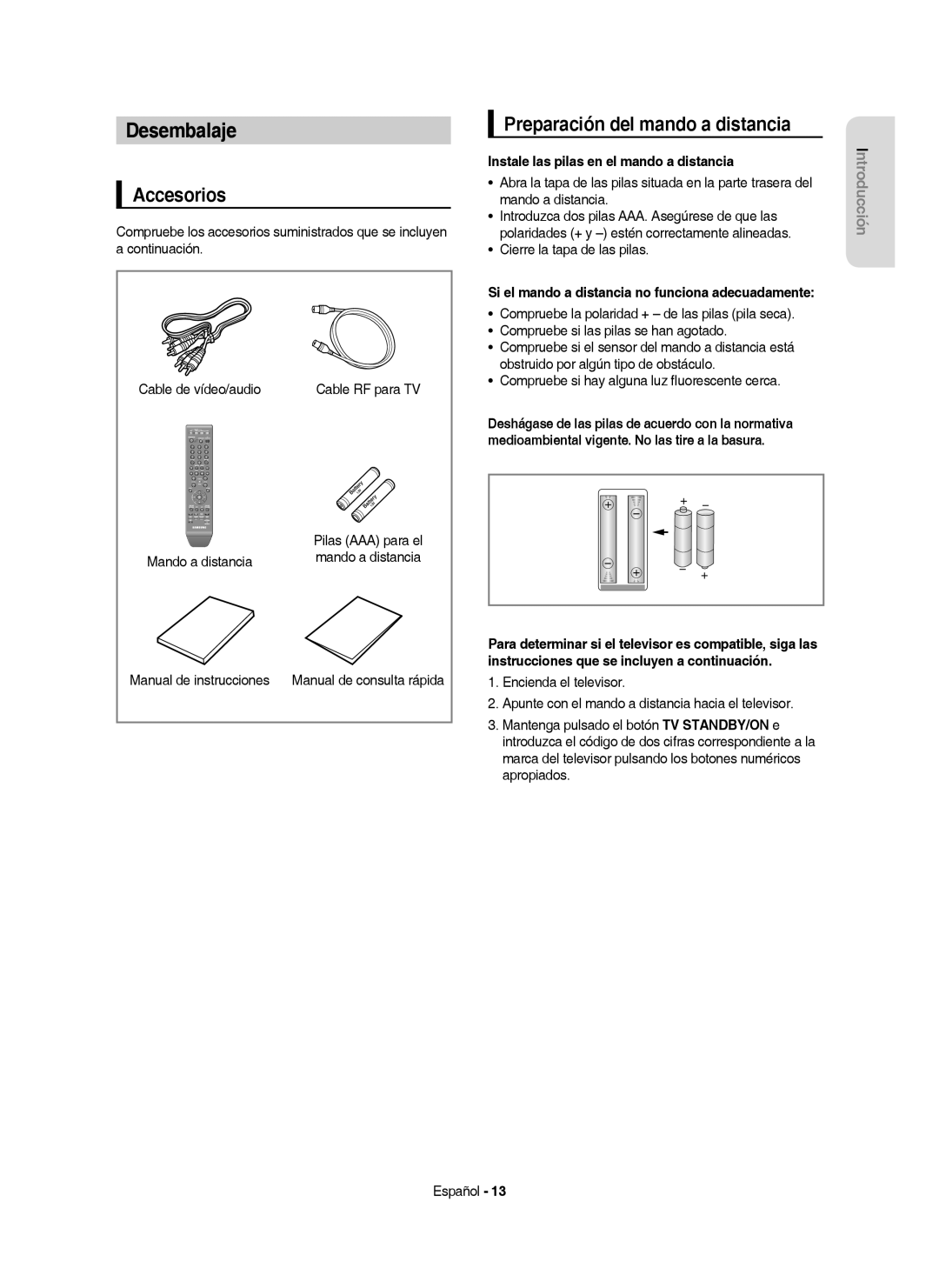 Samsung DVD-HR757/XEC manual Desembalaje, Accesorios, Preparación del mando a distancia 